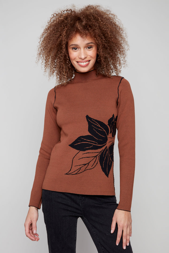 REVERSIBLE MOCK NECK SWEATER TOP WITH FLOWER
