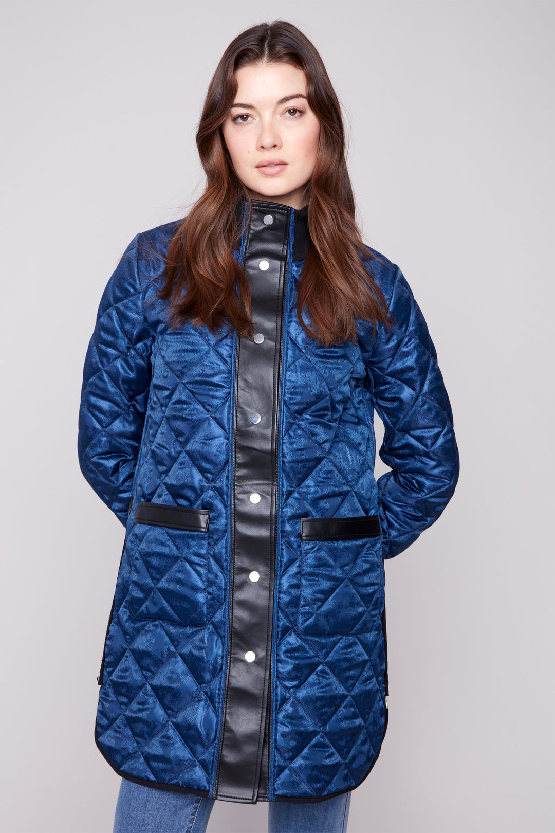 Charlie B Fall 2025 
Featuring a long quilted puffer style, rib knit zipper-front closure and patch pockets, all in a bold fall colour.