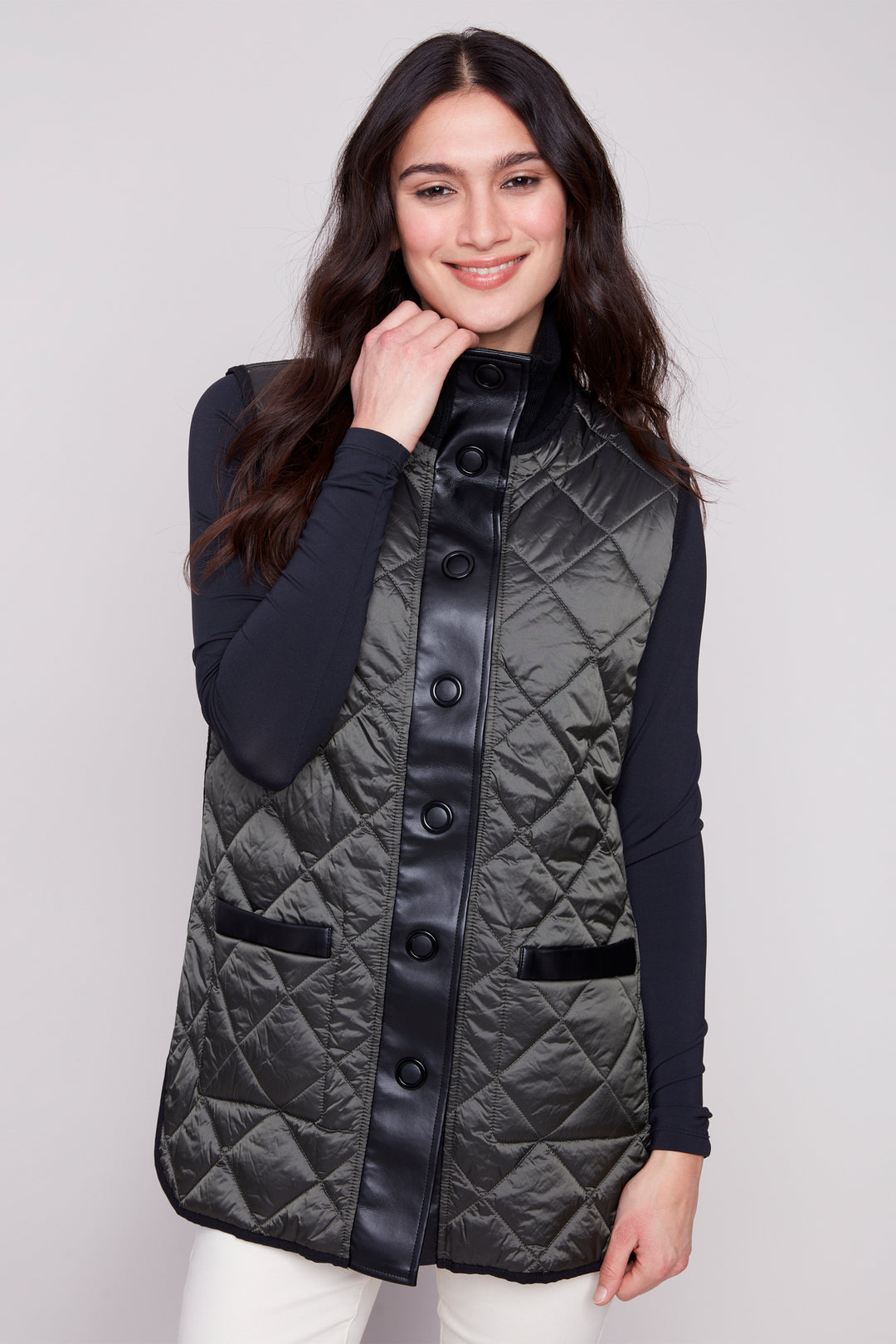 Charlie B Fall 2025 
 Featuring a button-front closure and convenient patch pockets, this versatile vest offers two distinct looks in one piece. 