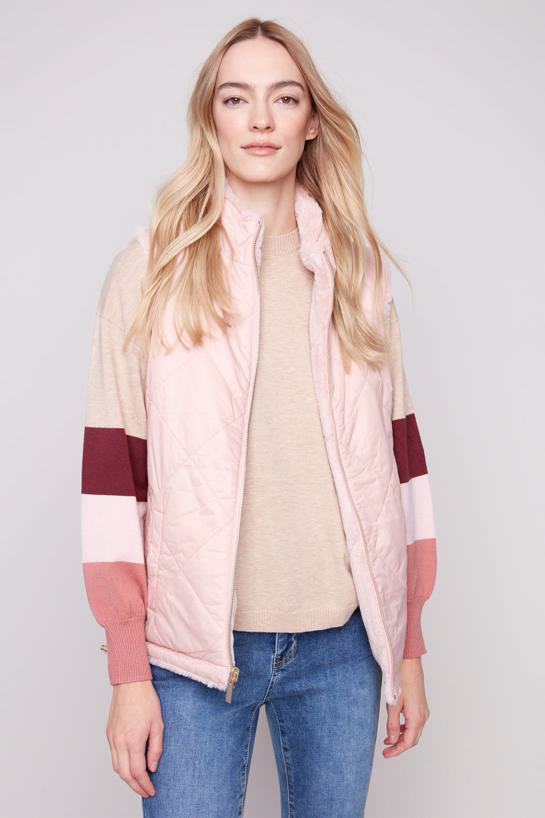 SOLID & FAUX FUR QUILTED REVERSIBLE VEST