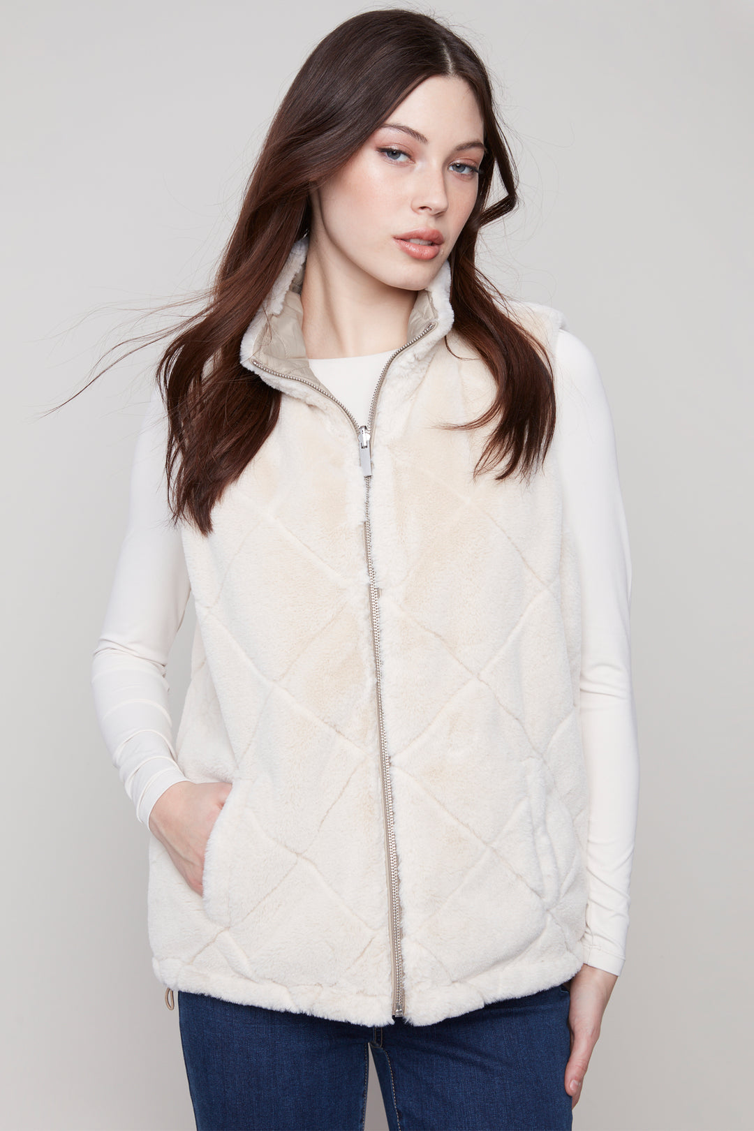 SOLID & FAUX FUR QUILTED REVERSIBLE VEST