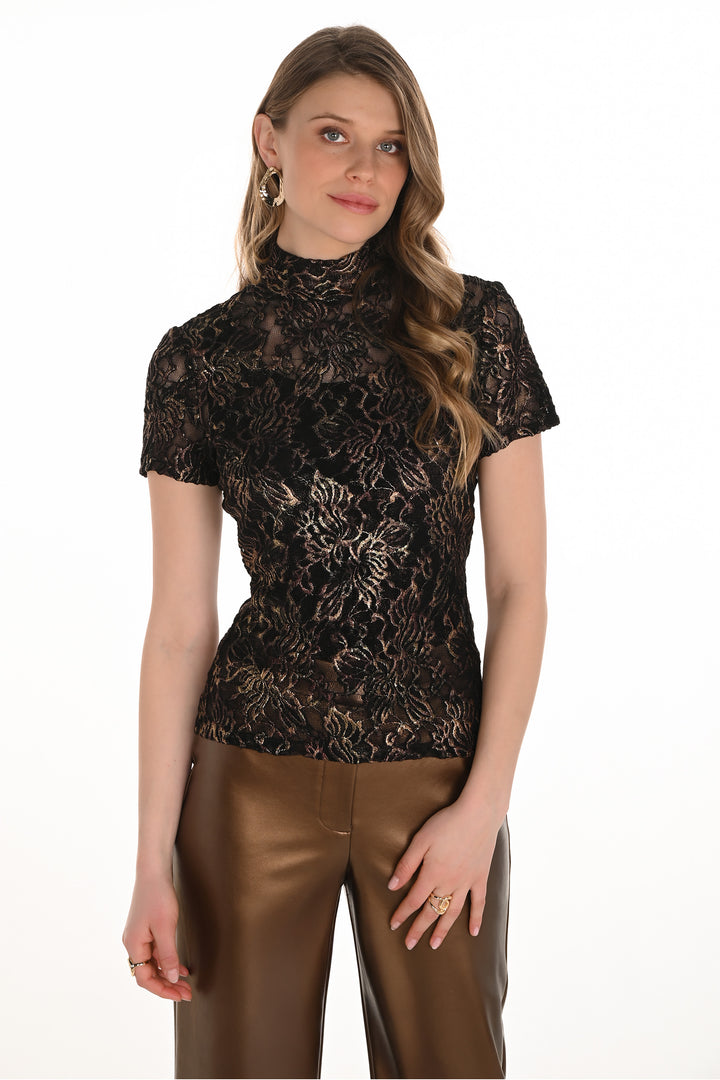 SS METALLIC LACE MOCK NECK TOP