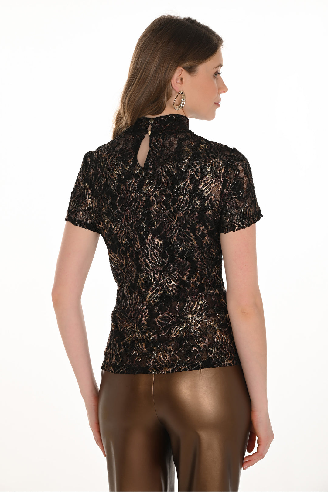 SS METALLIC LACE MOCK NECK TOP