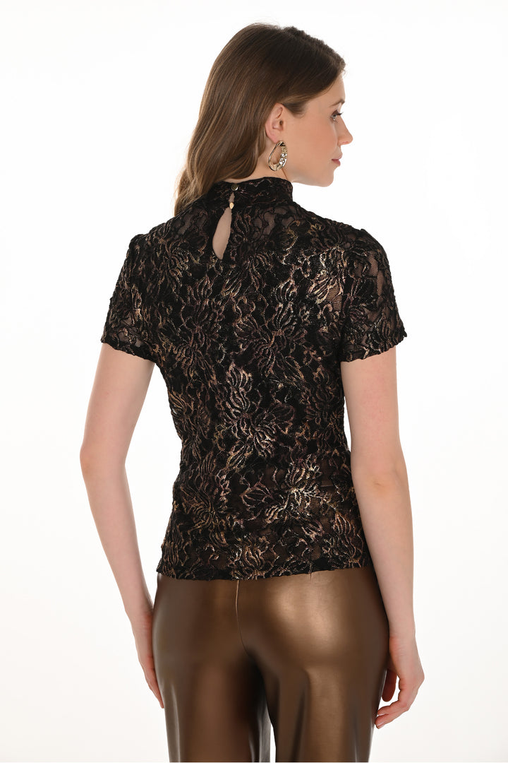 SS METALLIC LACE MOCK NECK TOP