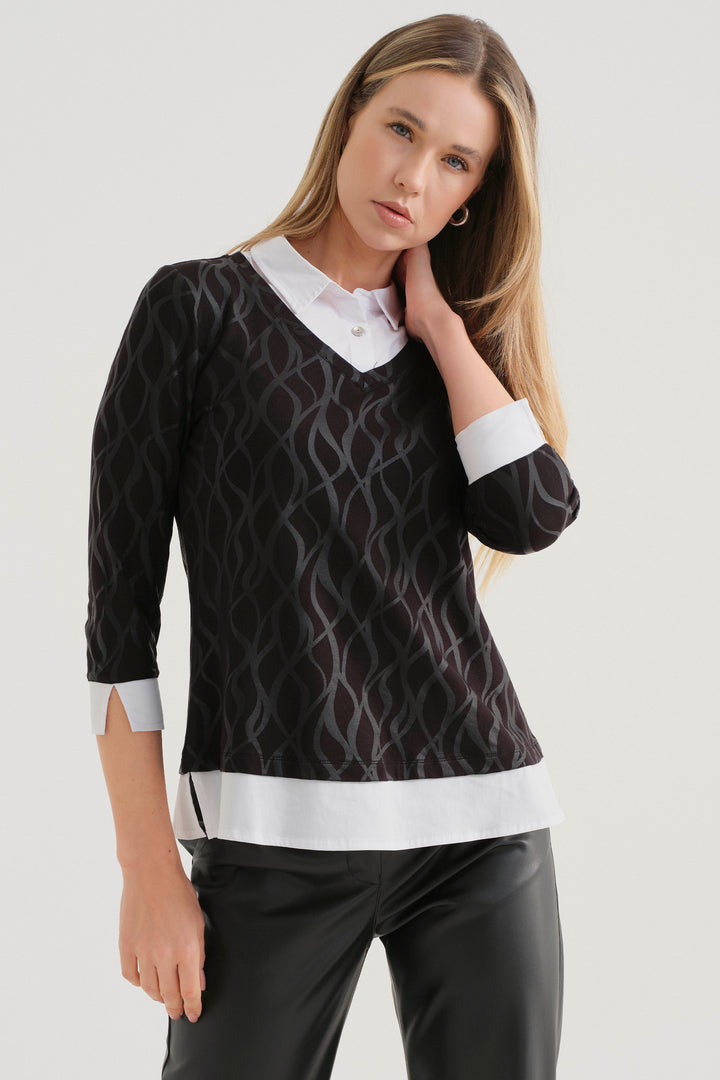 Dolcezza Fall 2024 The soft stretch jersey fabric is comfortable to wear and features contrasting white collars and cuffs with an interesting wave print design all-over.