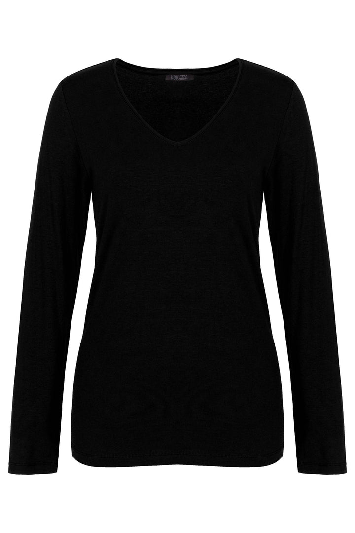 A black long sleeve v-neck top.