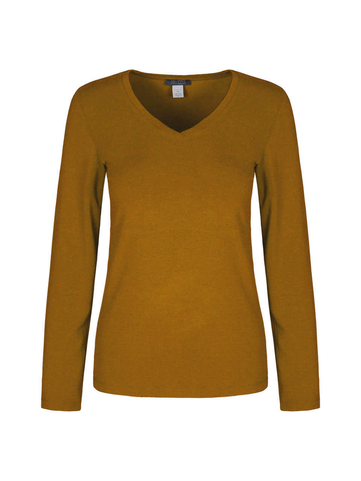 Long sleeve v neck top in copper on white background