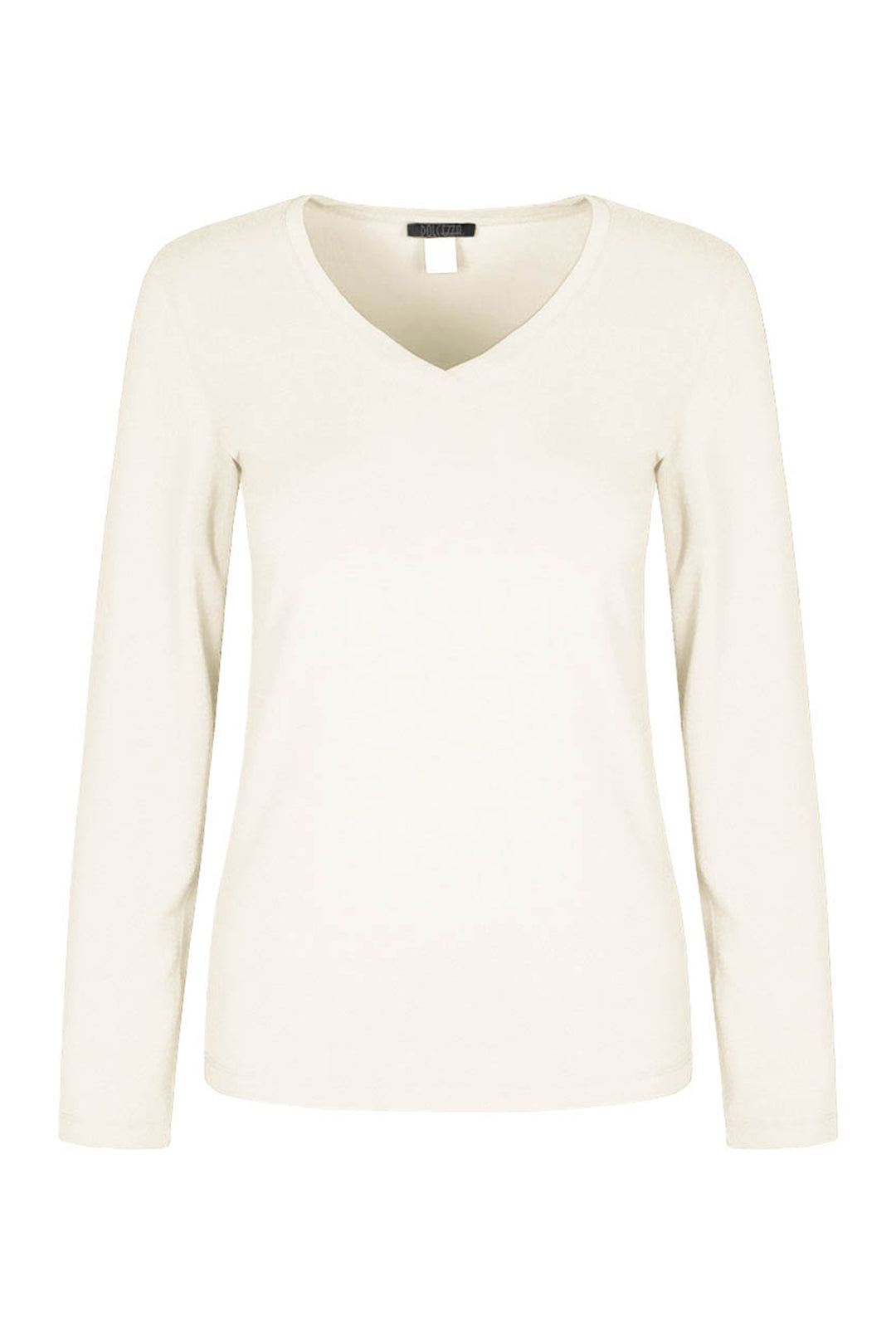 Long sleeve v neck top in off white on white background