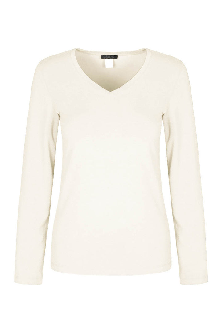 Long sleeve v neck top in off white on white background