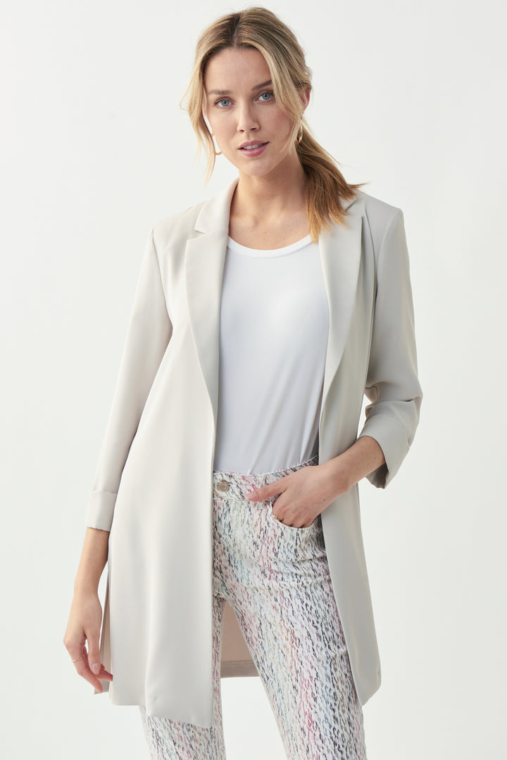 Joseph Ribkoff Fall 2023 women's business casual long straight fit open blazer - moonstone front