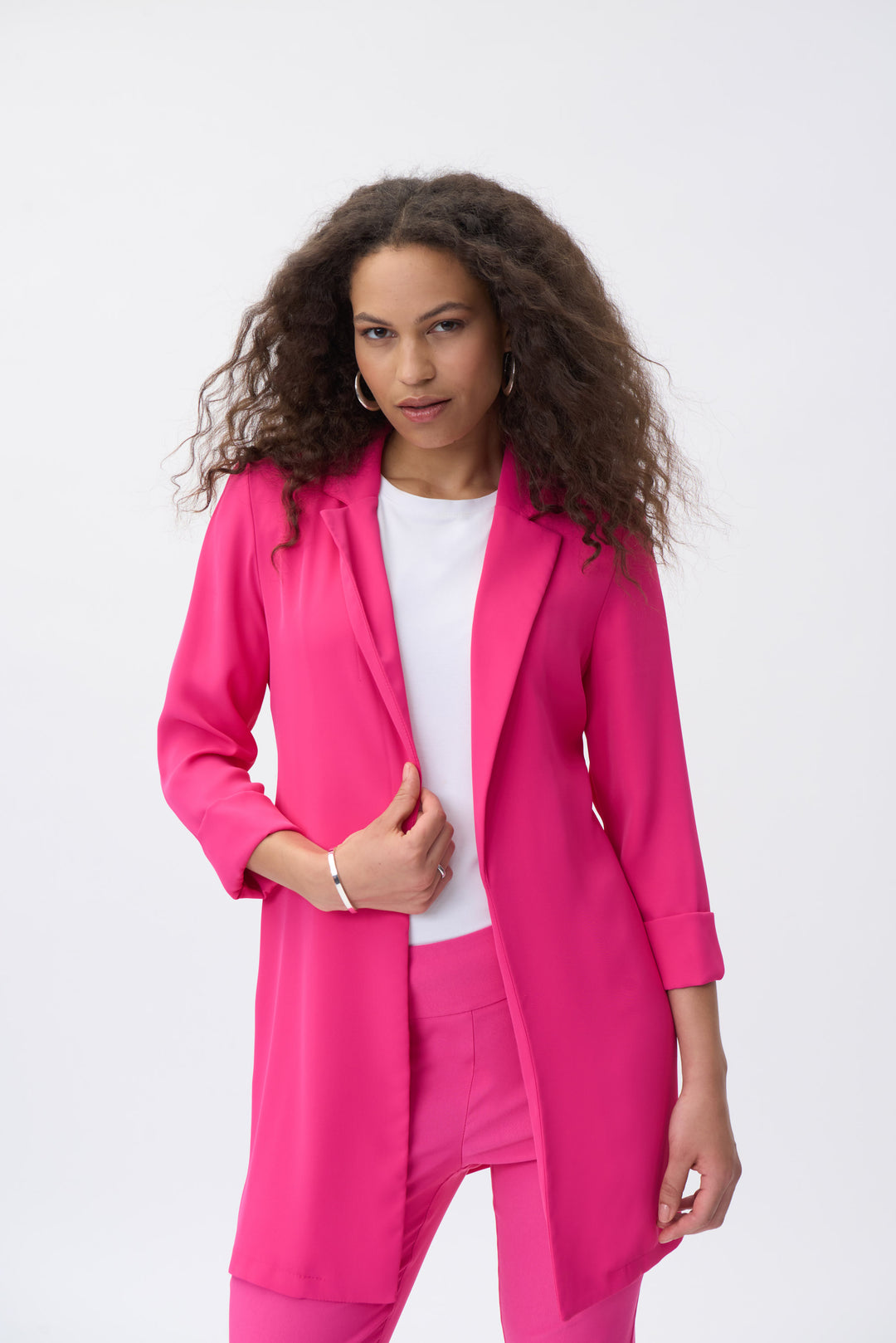 Joseph Ribkoff Fall 2023 women's business casual long straight fit open blazer - dazzle pink front