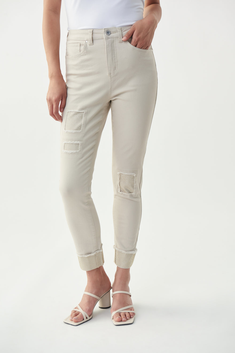 Joseph Ribkoff Spring 2022 women's casual light wash distressed patch cropped jeans with rolled hem - Moonstone front