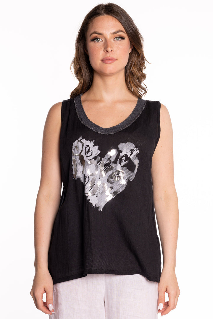 Etern Spring 2023 women's casual sleeveless cotton-blend tank top with silver heart graphic - black