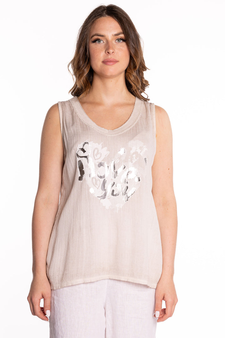 Etern Spring 2023 women's casual sleeveless cotton-blend tank top with silver heart graphic - sand