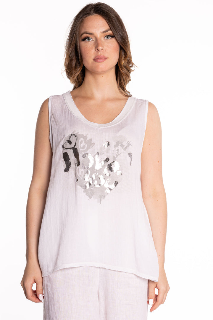 Etern Spring 2023 women's casual sleeveless cotton-blend tank top with silver heart graphic - white