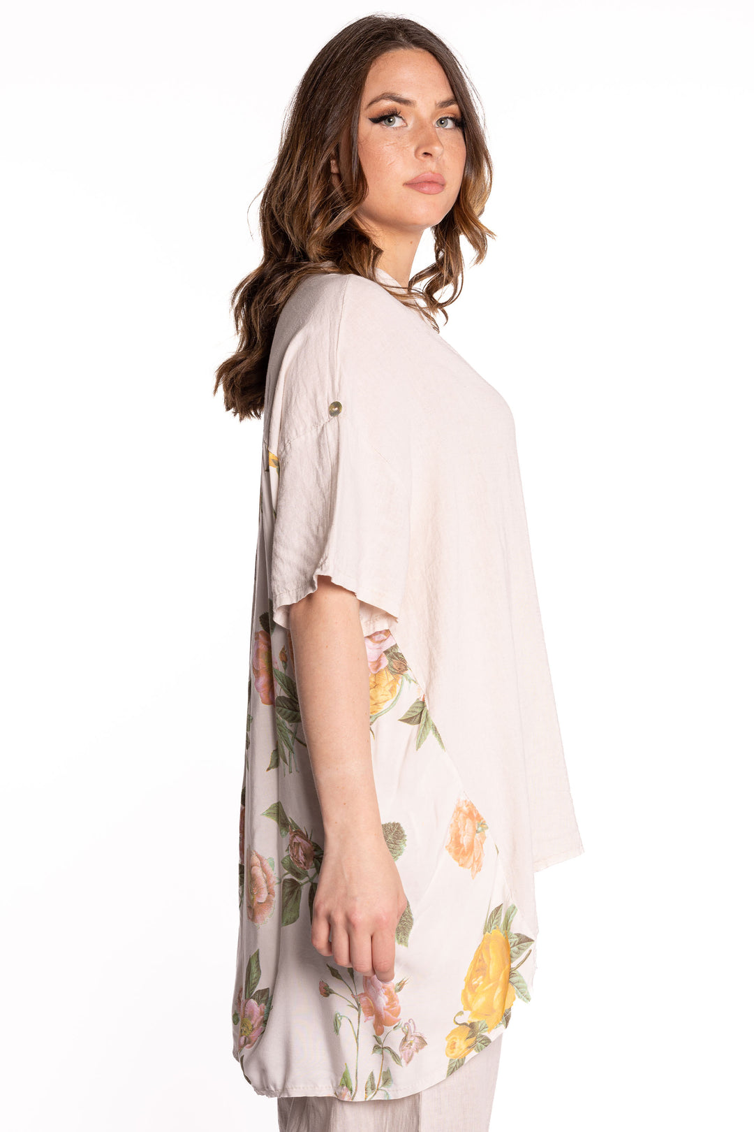 Etern Spring 2023 women's casual high-low linen blouse with floral printed back - sand side