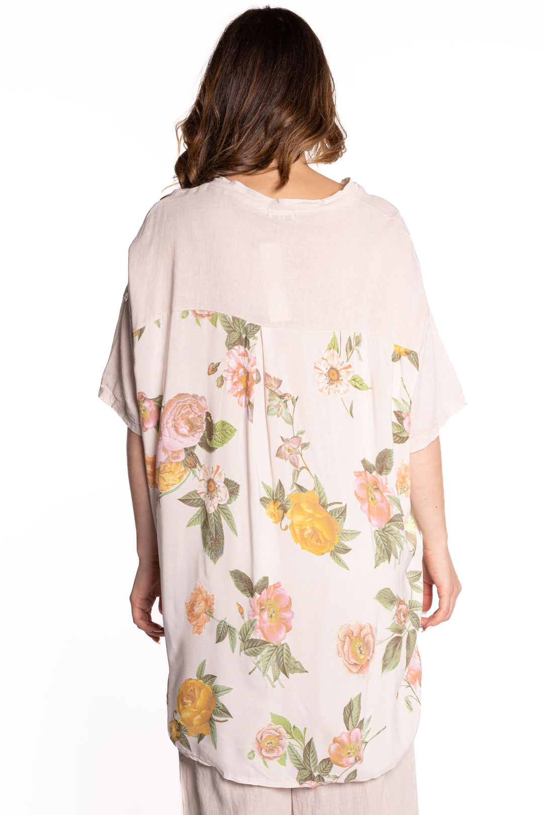 Etern Spring 2023 women's casual high-low linen blouse with floral printed back - sand back