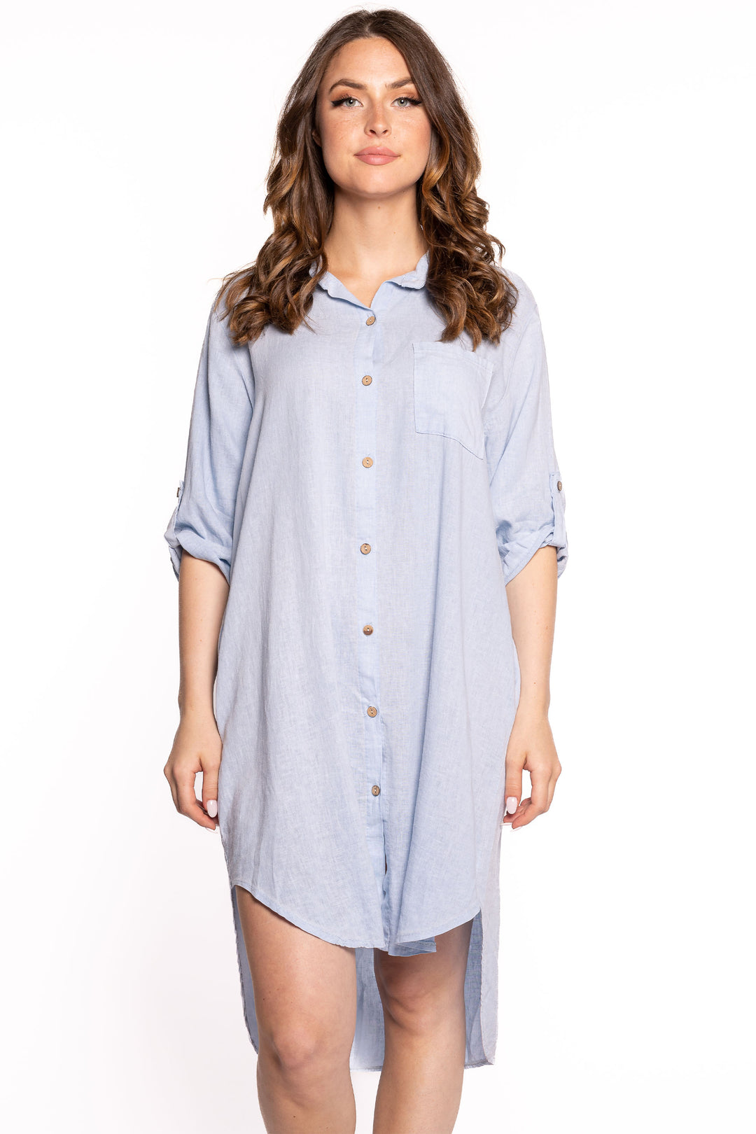Etern Spring 2023 women's casual linen shirt dress with high-low hem - sky