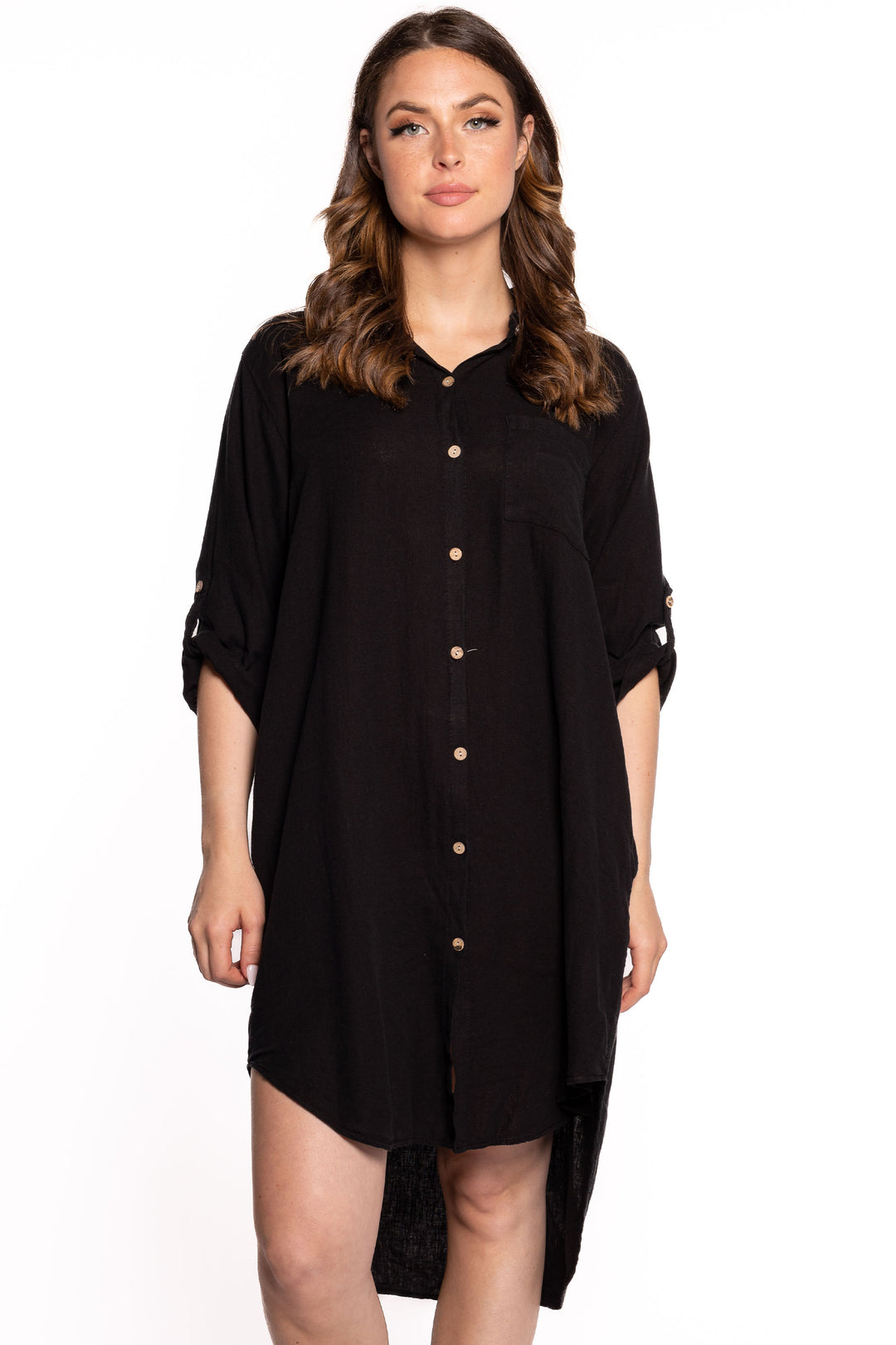 Etern Spring 2023 women's casual linen shirt dress with high-low hem - black