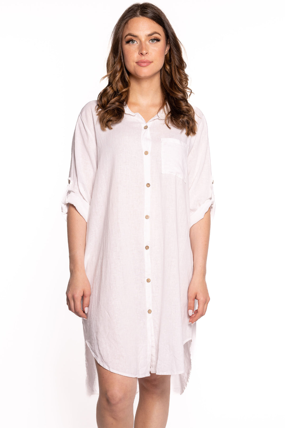Etern Spring 2023 women's casual linen shirt dress with high-low hem - white