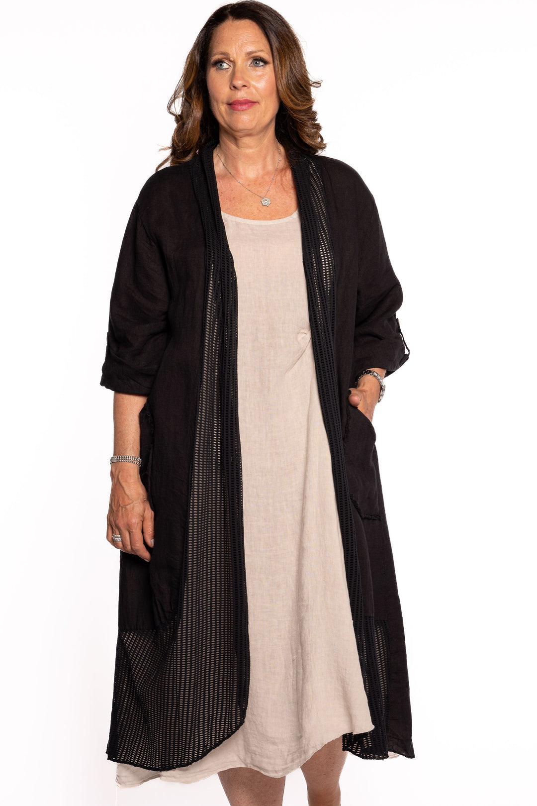 Etern Spring 2023 women's casual oversized loose open front linen cardigan with pockets - black