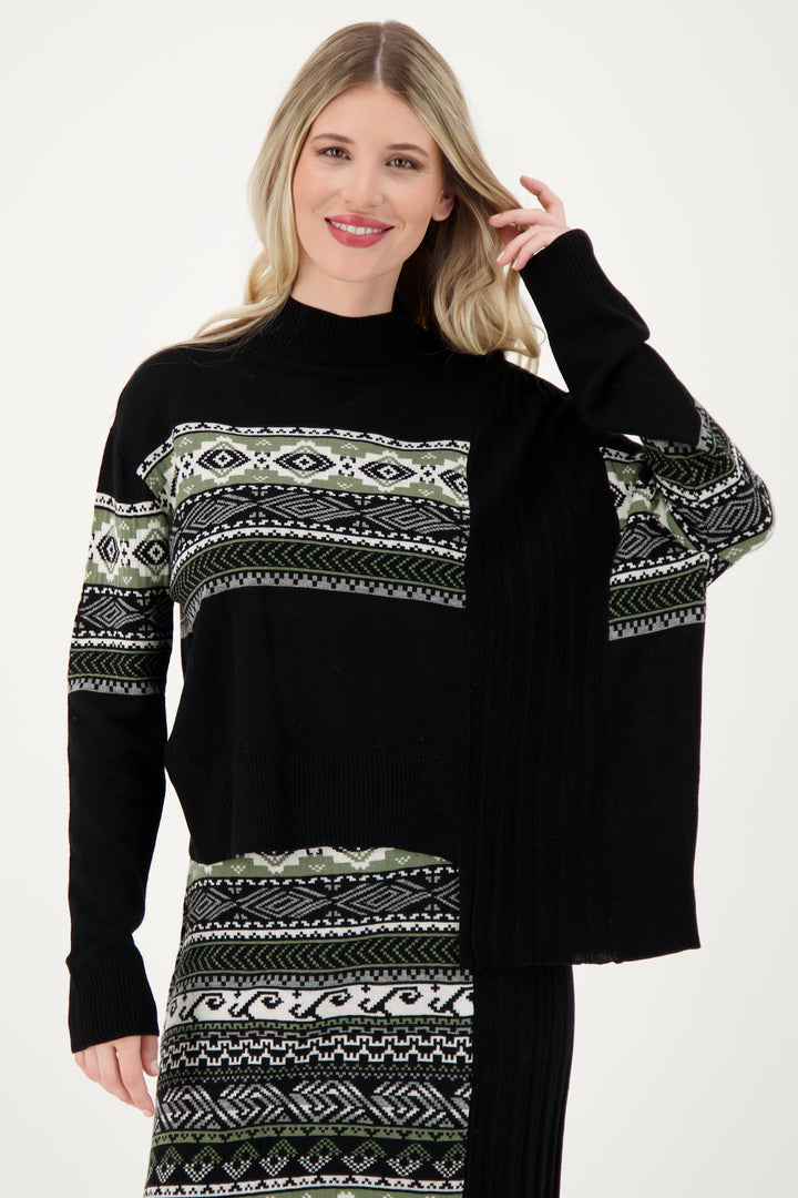 Gabby Isabella women's loose knit casual Nordic print sweater with asymmetrical hem - front