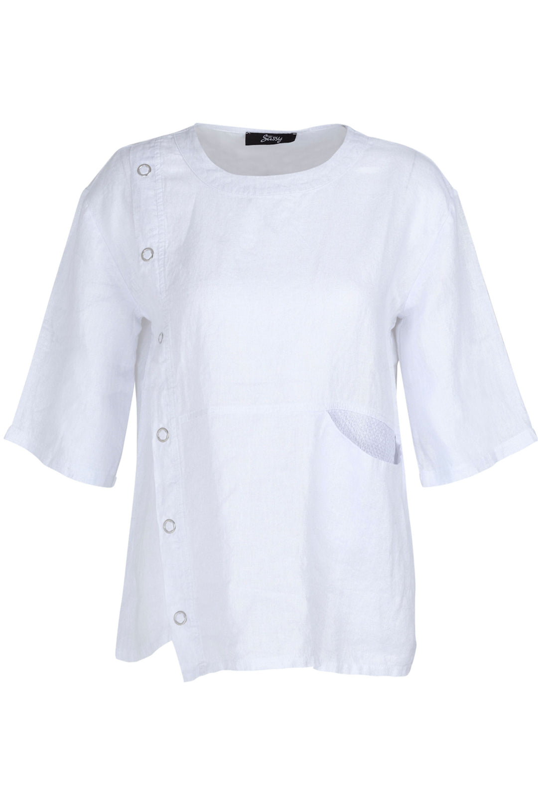 EverSassy Spring 2023 wone's casual loose linen top with pocket and snap details - white front