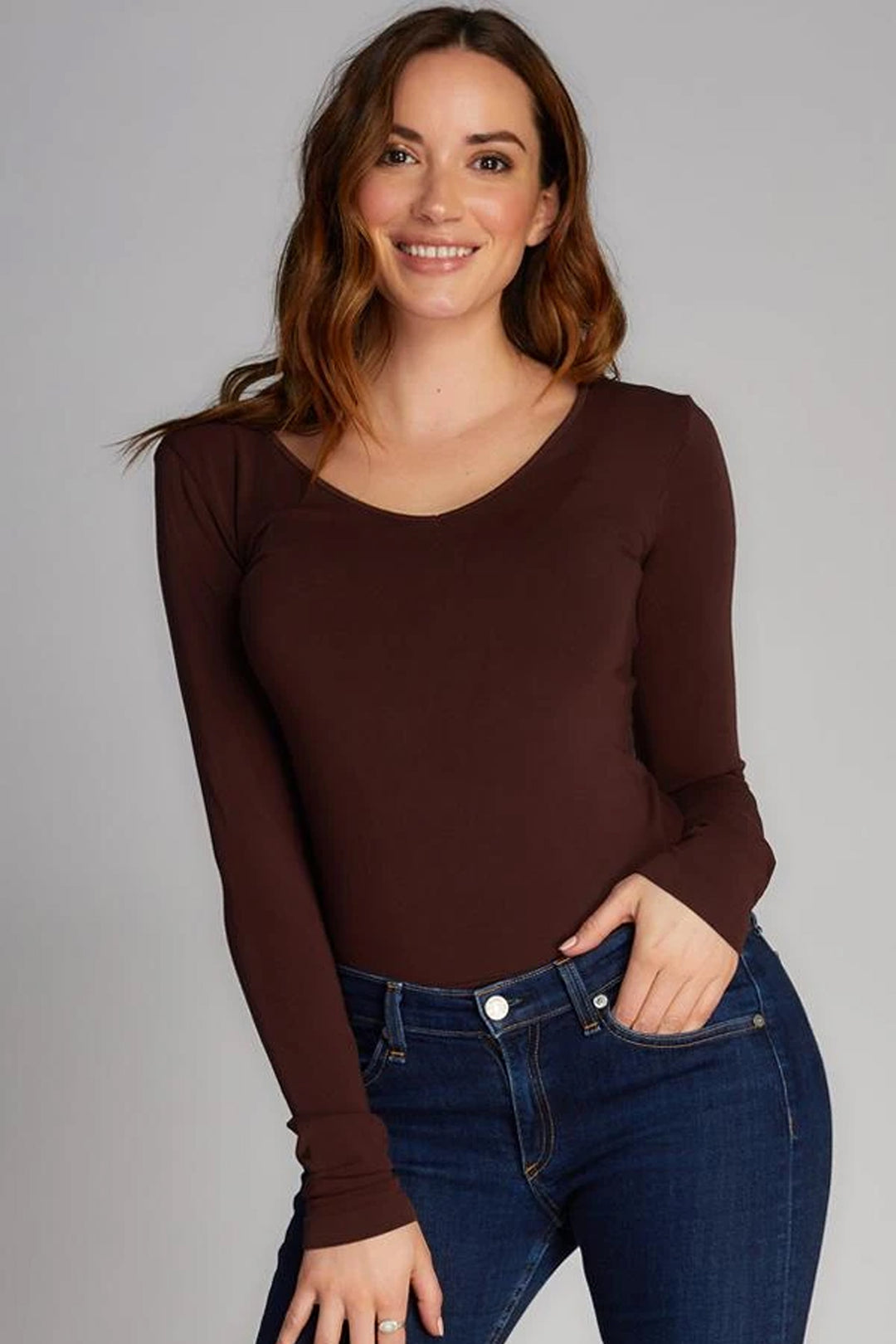 C'est Moi women's casual bamboo long sleeve fitted t-shirt top for layering - brown
